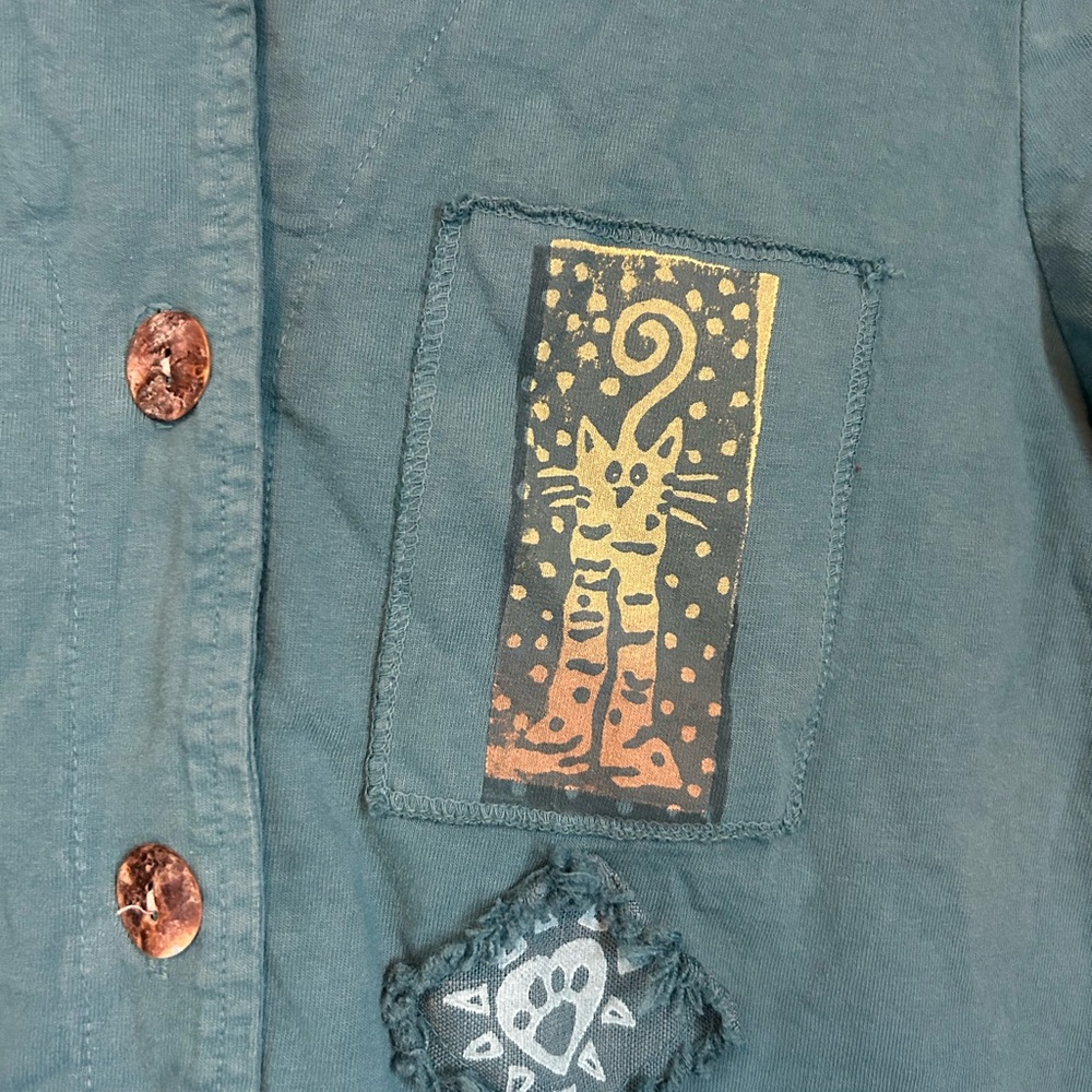 Vintage Blue Button Down Cat Patchwork Shirt - image 4